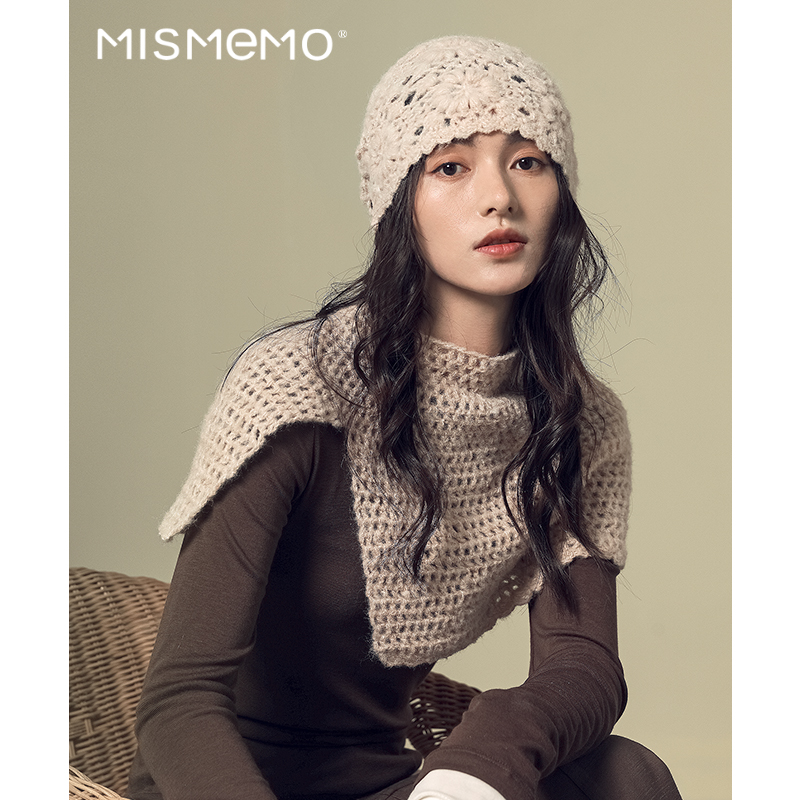 MISMEMO羊毛针织套头帽女秋冬甜美复古公主帽森系钩花包头毛线帽