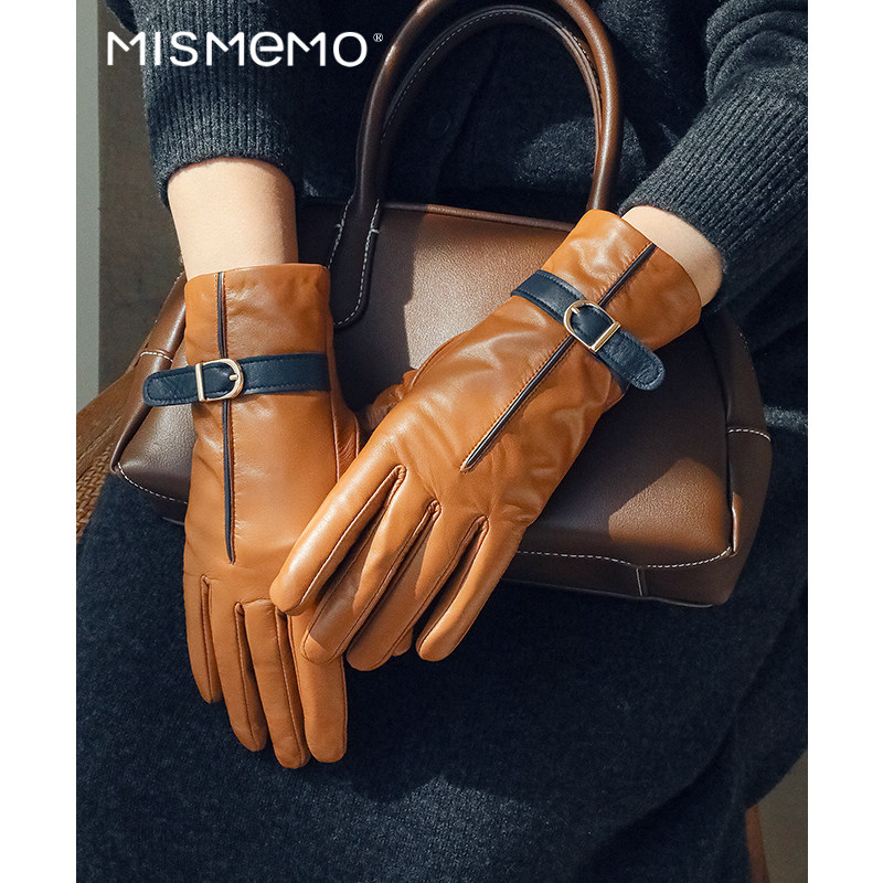 MISMEMO手套女冬季加绒保暖高级感羊皮手套复古优雅真皮手套