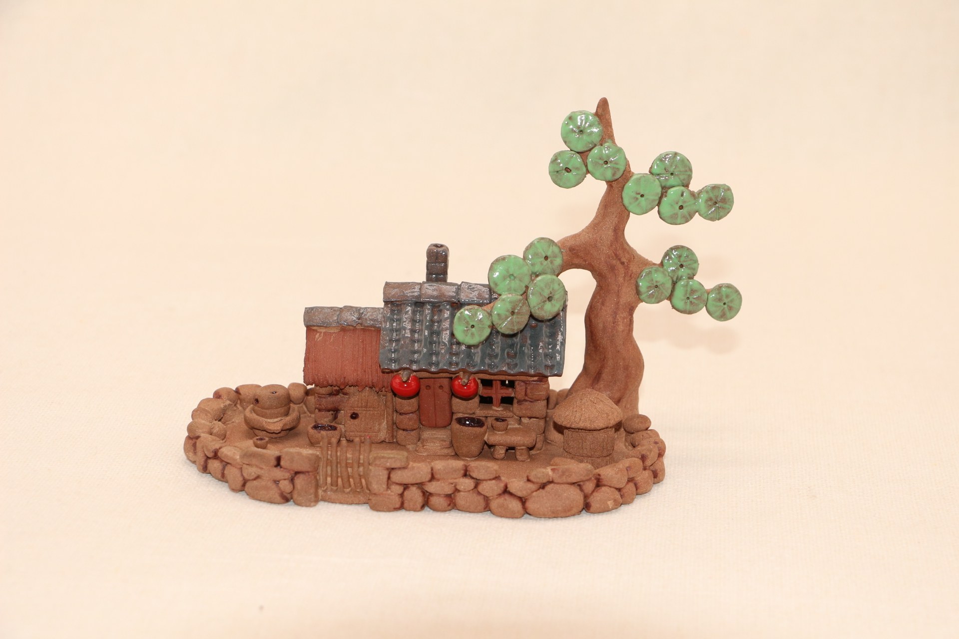 乡村田园手捏泥塑院子 陶土屋子房子 仿真院落 手工小桥流水人家