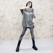 烫金印花紧身裤 欧洲站银色字母显瘦弹力个性 女2026新款 外穿打底裤