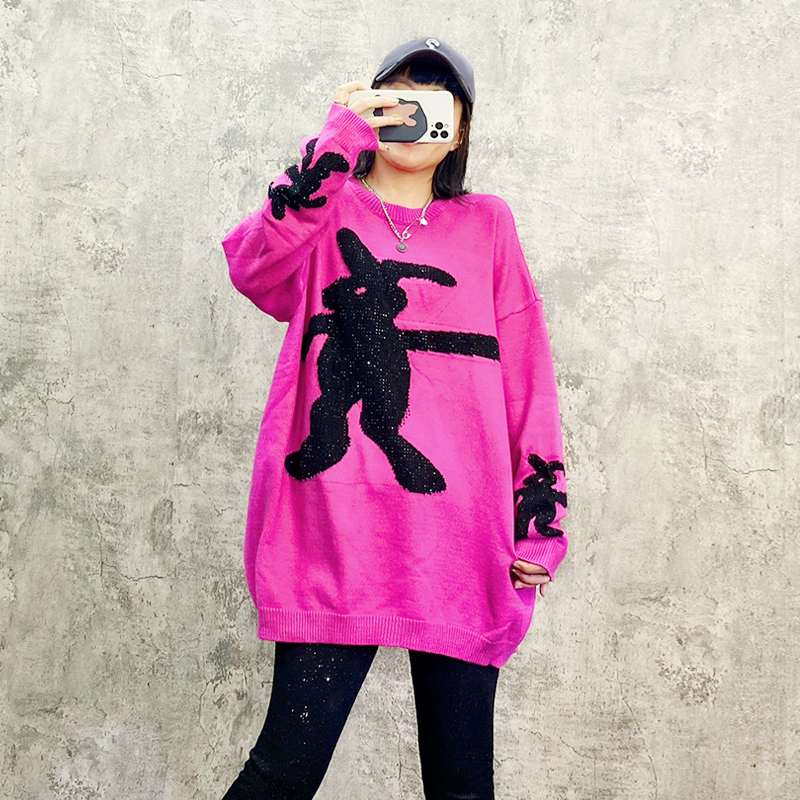 欧洲站长袖亮片街头风宽松毛衣