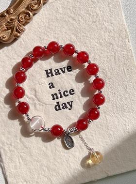 红玛瑙黄水晶白猫眼石手链