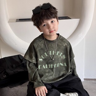 男童扎染长袖T恤 2026春季新款痞帅童装儿童假两件宽松上衣圆领潮