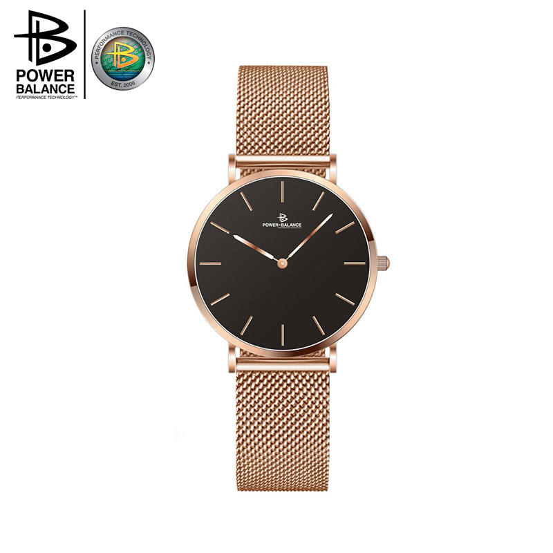 霸能powerbalance能量石英表 32mm玫瑰金黑表盘钢带休闲女时装表