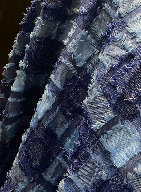 柔软垂感蓝色流苏格纹面料提花外套连衣裙衬衫服装设计师布料