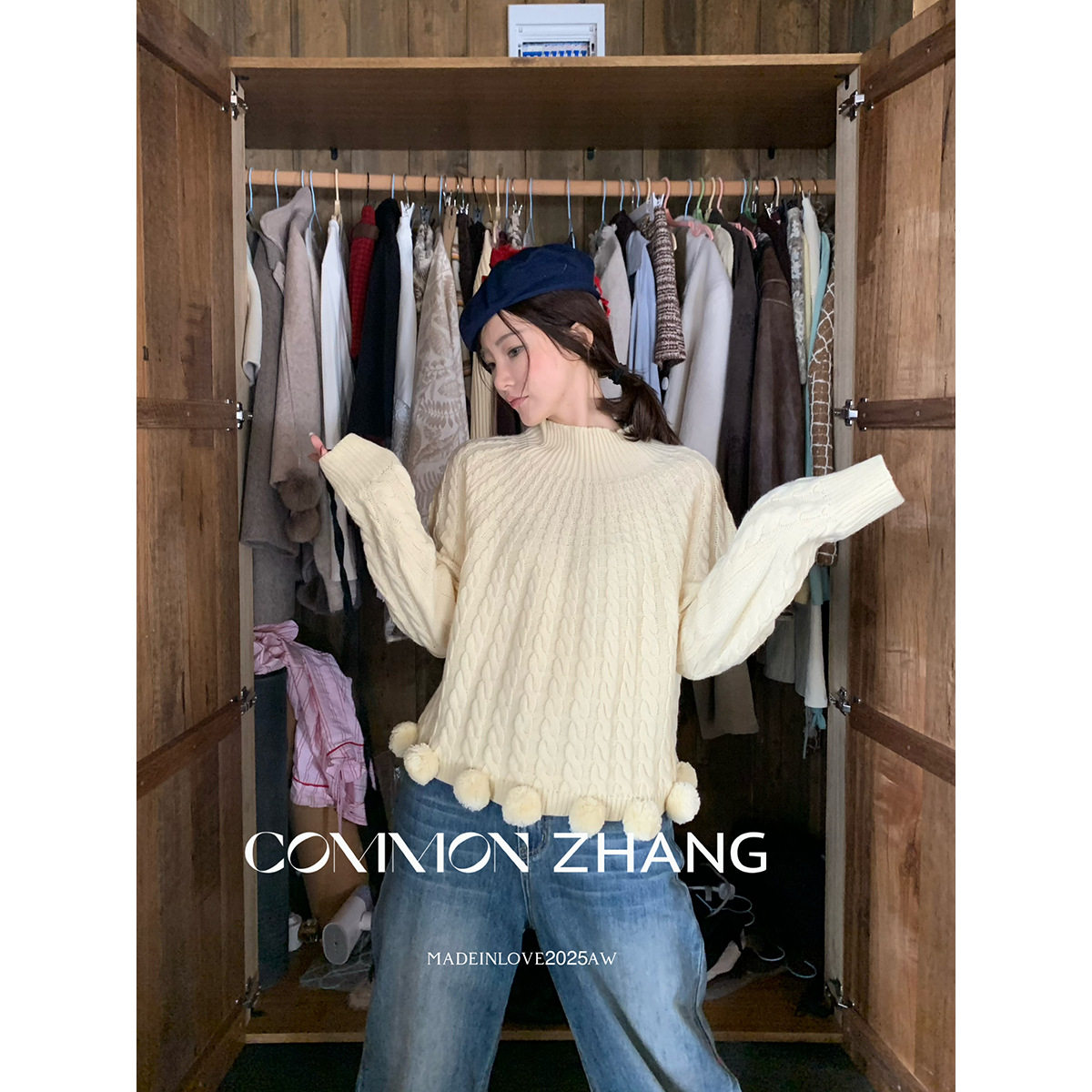 CZ ZHANG秋冬羊毛半高领麻花毛衣女甜美毛球套头休闲针织衫