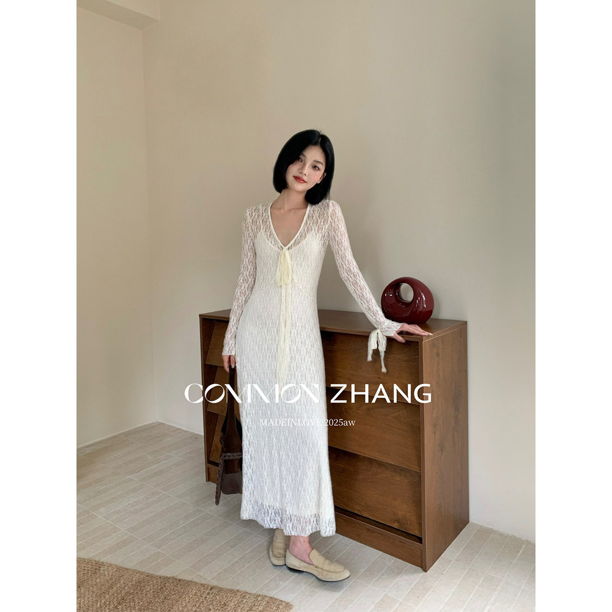 CZ ZHANG秋冬长袖蕾丝连衣裙罩衫修身收腰名媛吊带裙两件套B36196