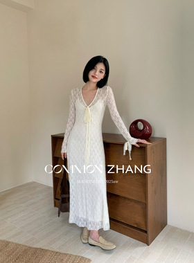 CZ ZHANG秋冬长袖蕾丝连衣裙罩衫修身收腰名媛吊带裙两件套B36196