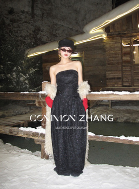 CZ ZHANG亮片礼服氛围感抹胸连衣裙女收腰绑带蝴蝶结长裙 B46335