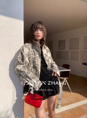 CZ ZHANG春季新款花卉鹿文印花半高领巴恩风宽松百搭短外套17370