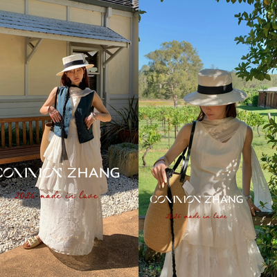 CZ ZHANG-月光女神拼接褶皱蕾丝披肩领多穿法蛋糕连衣裙