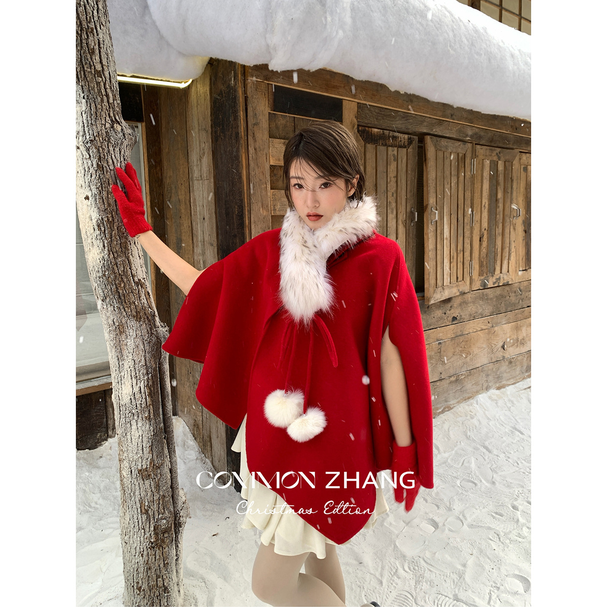 CZ ZHANG秋冬纯手工貂毛领羊毛斗篷双面呢外套女毛呢大衣 B49325