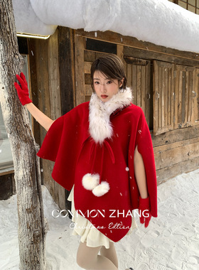 CZ ZHANG秋冬纯手工貂毛领羊毛斗篷双面呢外套女毛呢大衣 B49325