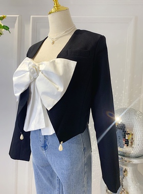 不退换百搭西装外套女新款设计感简约v领珍珠装饰黑色短款开衫秋