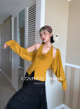 CZ ZHANG秋季法式名媛立体花拼接挂脖羊毛针织小衫配披肩女B35062