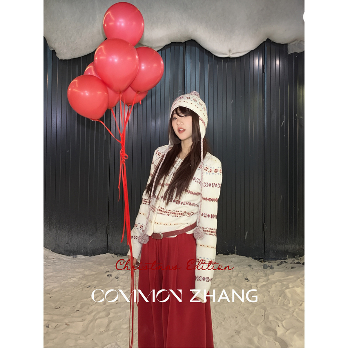 CZ ZHANG羊毛针织开衫毛线帽女两件套圣诞氛围感毛衣打底衫B45208