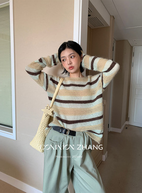 CZ ZHANG秋慵懒风薄款撞色条纹套头羊毛针织衫女马海毛毛衣B35406