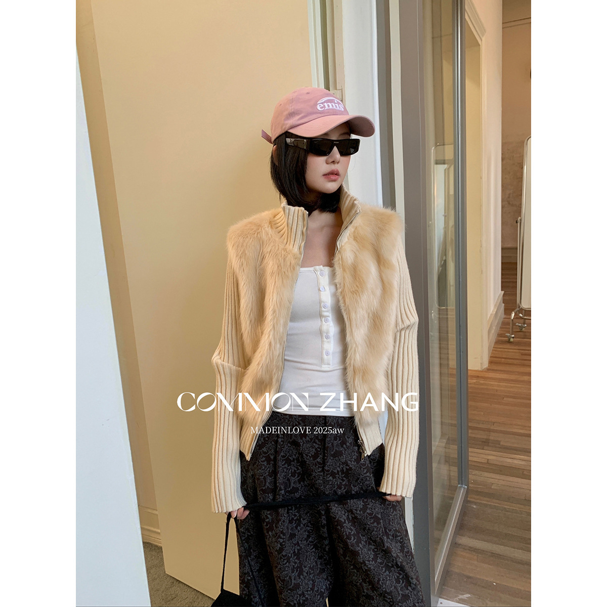 CZ ZHANG秋冬针织拼接环保毛皮毛一体女名媛修身短毛衣外套B47297