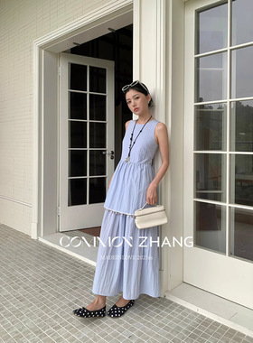 CZ ZHANG夏季韩版减龄纽扣拼接圆领无袖坎肩质感背心连衣裙B26797