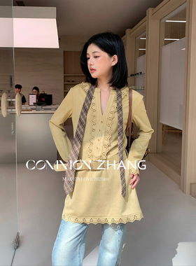 CZ ZHANG秋冬假两件鹿皮绒花边V领长袖连衣裙女名媛小短裙 B46142