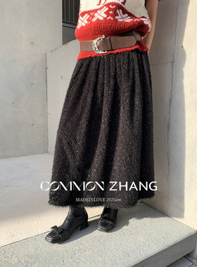 CZ ZHANG圣诞款亮片毛绒针织拼接半身裙女秋冬名媛礼服长裙B42103