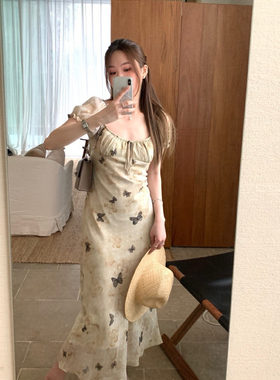 特价不退换法式复古风蝴蝶印花连衣裙2024夏新款显瘦泡泡袖长裙子