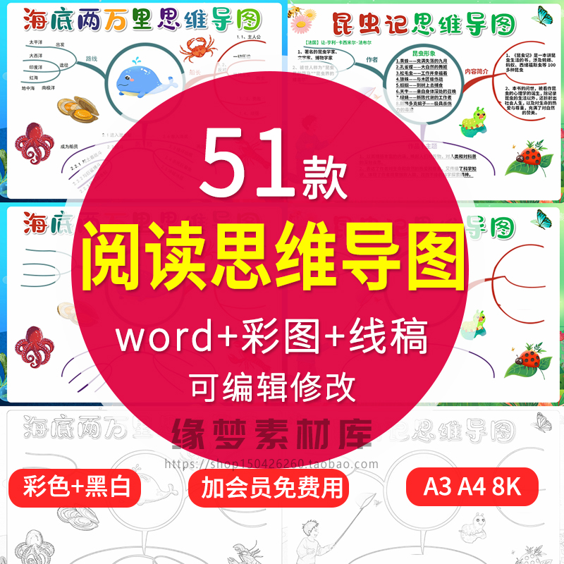 中小学生阅读思维导图手抄报读书思维导图a3素材线稿a4模板制作8k