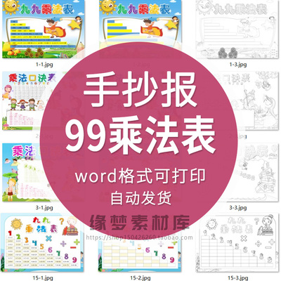 九九乘法口诀表小报模板乘法手抄报电子版A4可打印家长教师资料