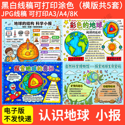 小学生认识地球手抄报模板探索地球的奥秘手抄报电子版4K线稿A3A4