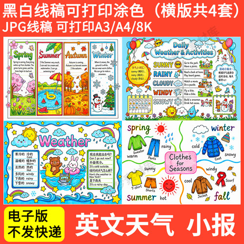 小学生英语天气手抄报The weather小报天气英语手抄报线稿电子版