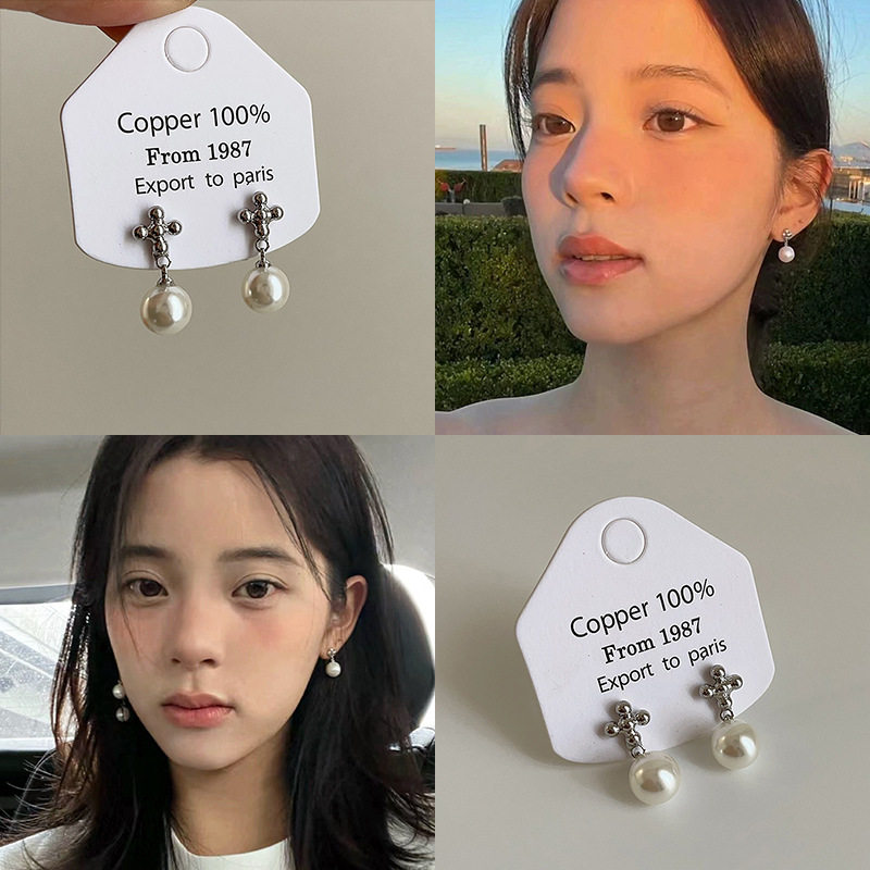 珍珠耳钉女欧阳娜娜同款十字架小耳环