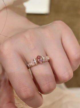 S925银芭比粉钻仿真钻戒指女粉贝高碳钻精工名媛高级感指环首饰