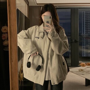 复古美式 外套女春秋款 设计感小众夹克棒球服小个子 式 毛呢翻领衬衫