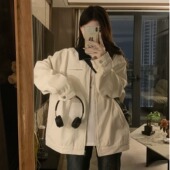 2025新款 夹克女秋季 复古小众设计感上衣外套宽松 拼色翻领工装 美式