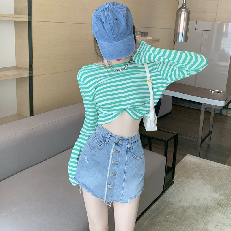 Real Price vintage Long Sleeve Striped slim Top + high waist denim skirt