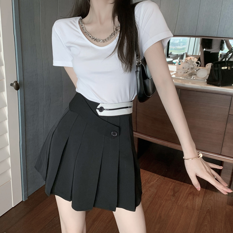 Real shot real price chain decoration short sleeve T-shirt + design sense show thin contrast waist skirt