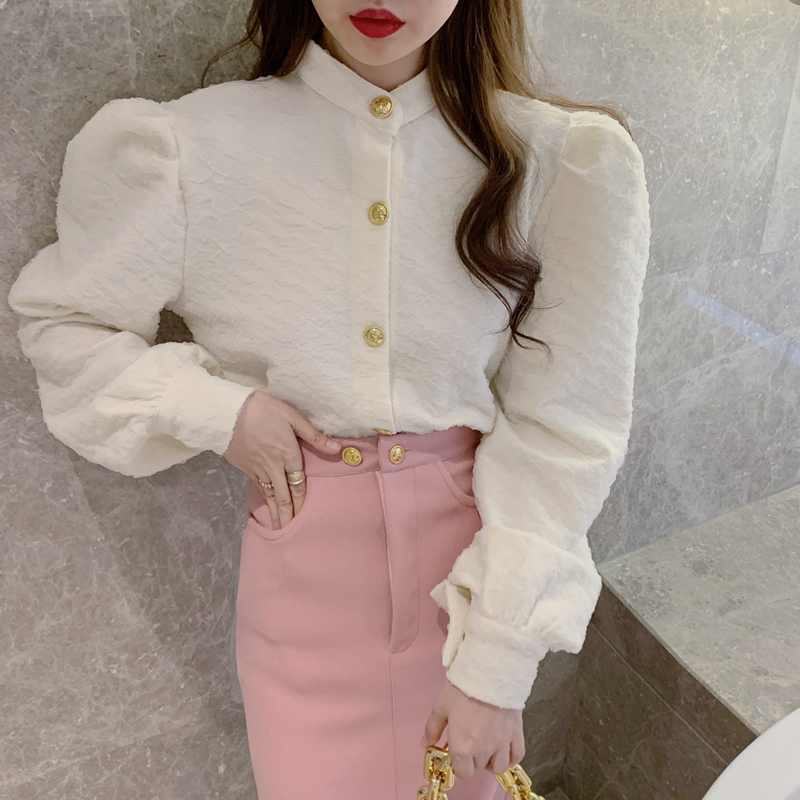 Real shot real price loose bubble sleeve Mock Neck Shirt