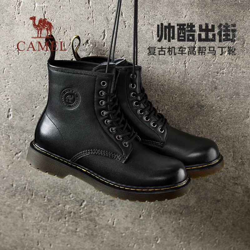 骆驼2025冬季新款真皮增高厚底经典复古8孔机车高帮马丁靴男黑色