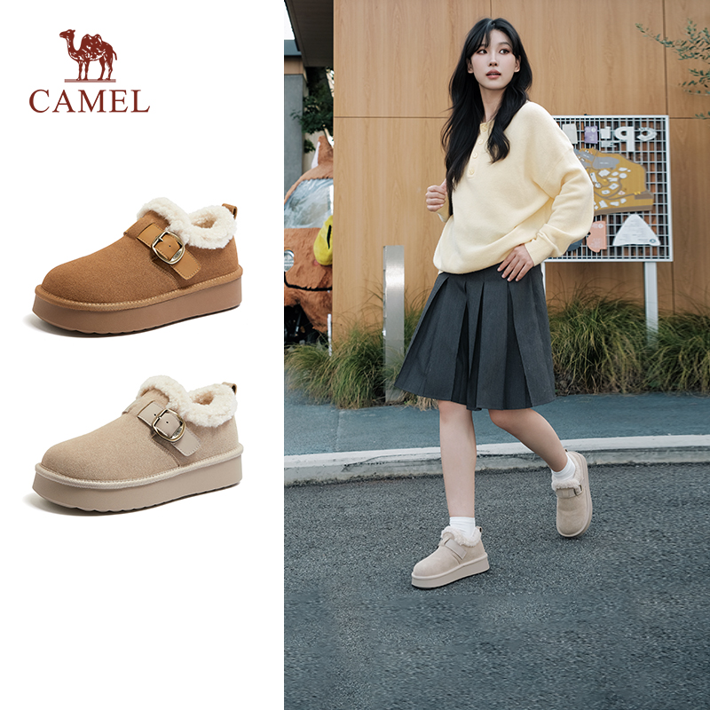 骆驼女鞋2025冬季新款棉拖鞋厚底加绒保暖雪地靴低帮外穿勃肯鞋女