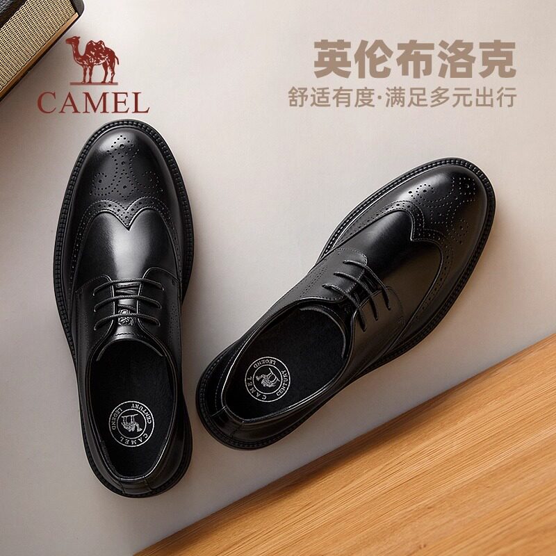 骆驼男鞋2026春季新款真皮复古德比结婚英伦风布洛克男士正装皮鞋