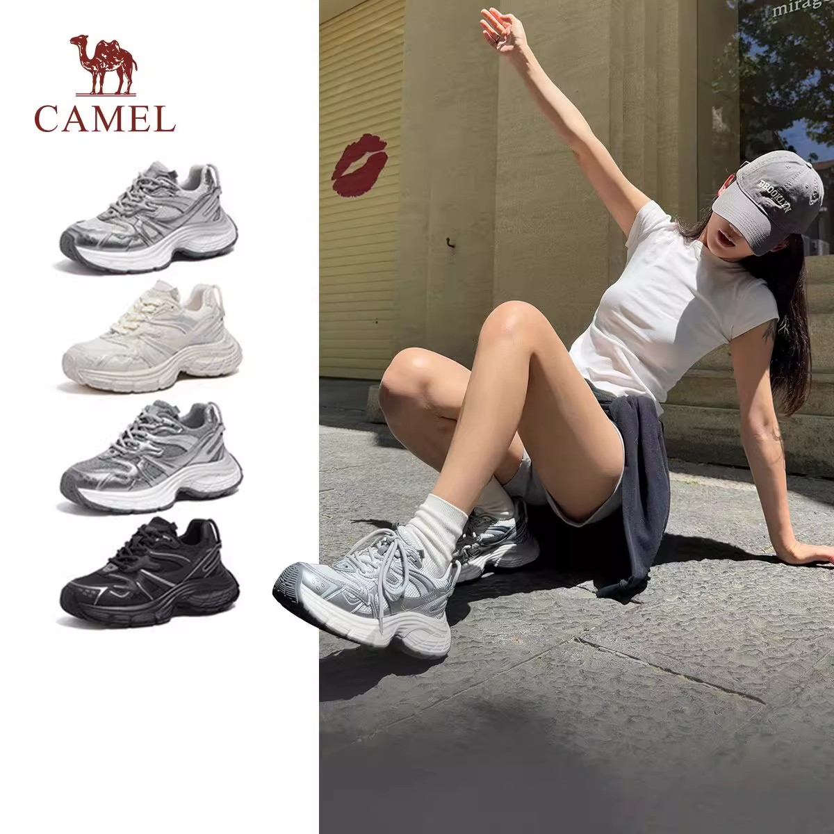 [耀月]骆驼女鞋2025秋冬加绒银色老爹鞋休闲新款增高厚底运动鞋女