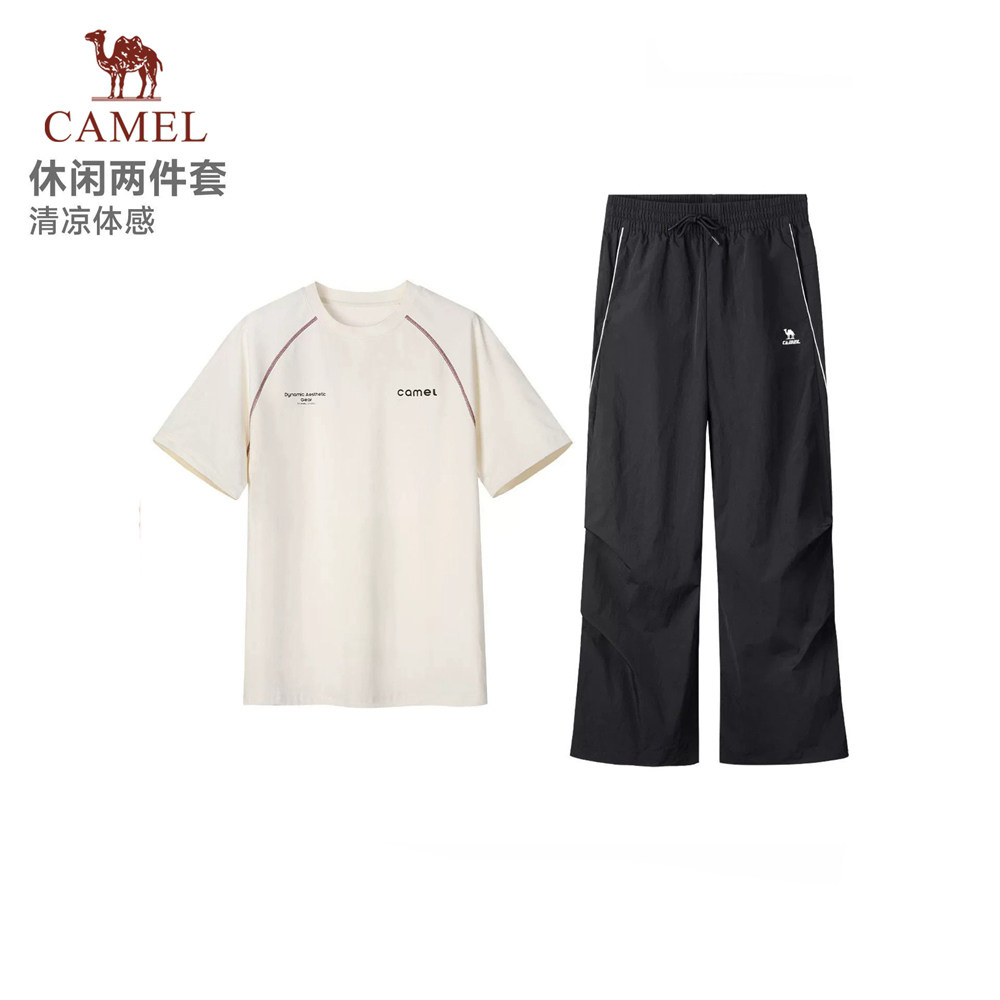 骆驼运动休闲短袖工装裤两件套情侣套装夏季透气直筒裤哈苏t恤女