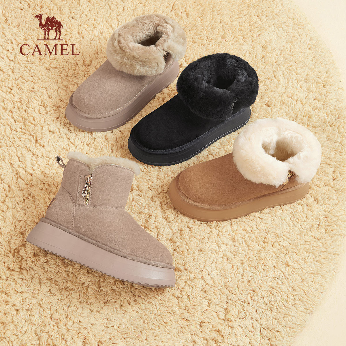 骆驼女鞋2025冬季新款时尚加绒加厚保暖东北雪地靴舒适柔软短靴女
