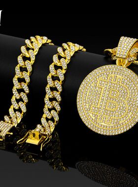 合金镶钻圆牌B字母比特吊坠项链嘻哈古巴链子欧美跨境饰品男式新