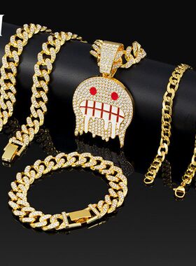 亚马逊跨境热销个性时尚鬼脸吊坠合金满钻古巴项链手链NK链工厂价