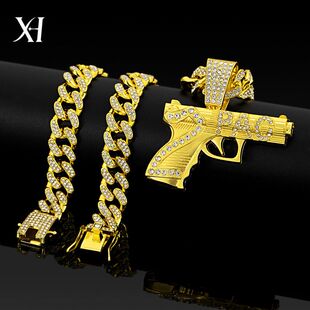 2PAC图派克说唱明星双层立体手枪吊坠嘻哈古巴链长款欧美风项链新