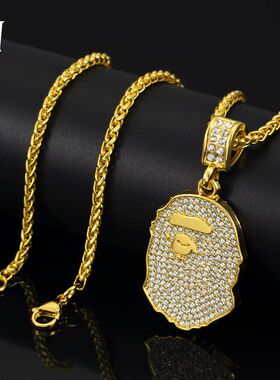 欧美跨境新品镶钻猿人头吊坠项链hiphop街头风男女饰品工厂批发