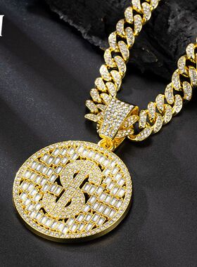 欧美嘻哈hiphop潮人长款项链古巴链粗金链子美金圆牌吊坠工厂直销