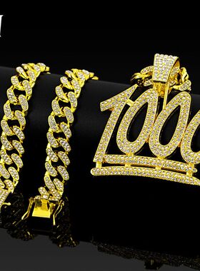嘻哈数字1000分镶钻吊坠欧美风跨境饰品古巴链男士长款项链厂家