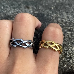 浮夸风钛钢荆棘戒指 新潮流指环男女百搭个性复古金色尾戒